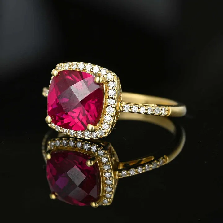 Vintage Cushion Cut Ruby Cluster Engagement Gold Vermeil Ring