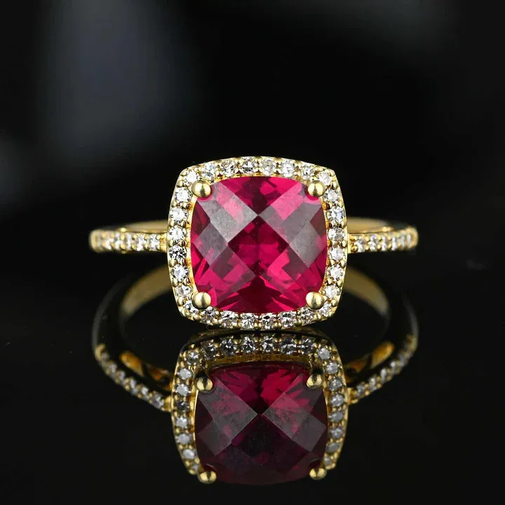 Vintage Cushion Cut Ruby Cluster Engagement Gold Vermeil Ring