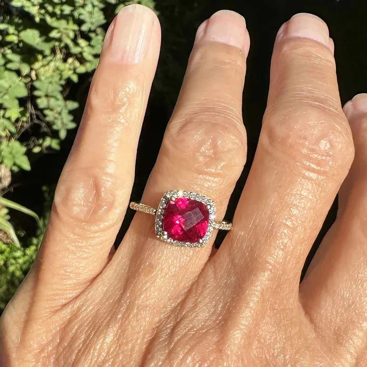Vintage Cushion Cut Ruby Cluster Engagement Gold Vermeil Ring