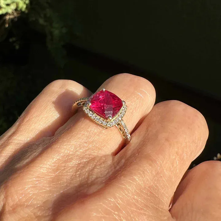 Vintage Cushion Cut Ruby Cluster Engagement Gold Vermeil Ring